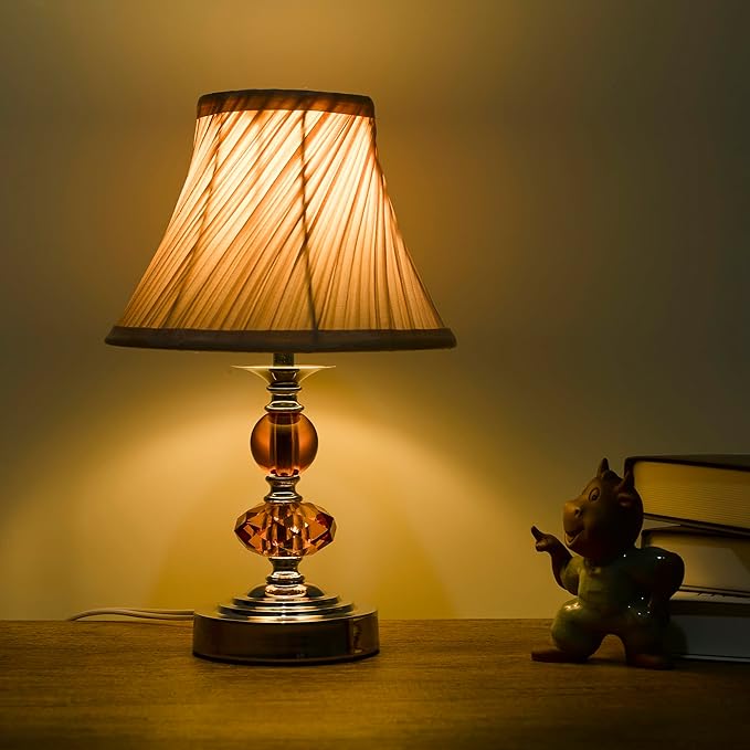 Small Modern Crystal Bedside Table Lamp, 7 x 7 x 12 Inch Electroplaetd Silver Base Table Lamp for Bedrooms and Office (Pink Pleated Bell Shape Shade)