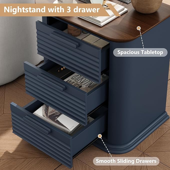 22'' Fluted Nightstand with Charging Station, Modern End Table with 3 Drawers and Storage, Wood Night Stand with Round Corner, Side Table Dresser for Bedroom, Living Room, Curved Profile,Navy Blue