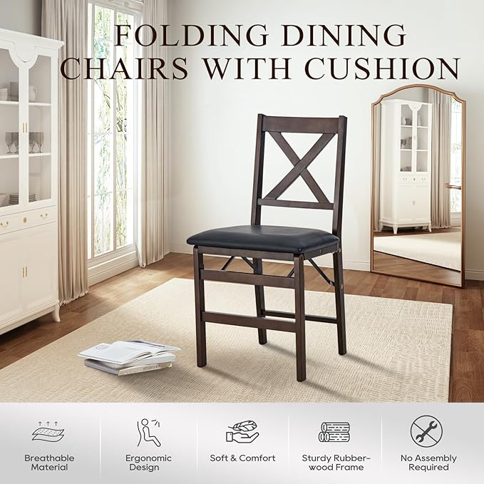 COLAMY Folding Dining Chairs Set of 2, Foldable Chairs with Padded Seats, Wood Folding Dining Room Chairs for Kitchen, Party, Camping, Dark Brown