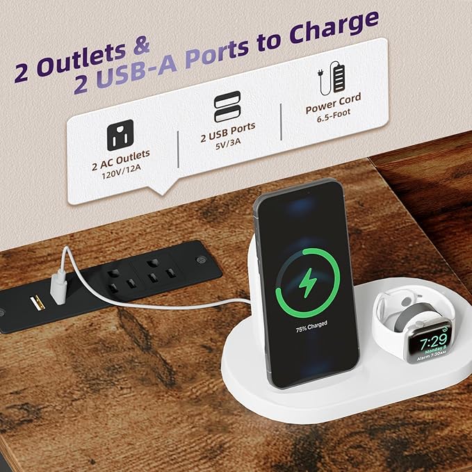 Somdot Nightstand with Charging Station and LED Light, Wide 5 Drawers Dresser for Bedroom with Fabric Bins and Open Shelf for Bedroom Kids Closet Dorm Guest Room, Wood Grain Print