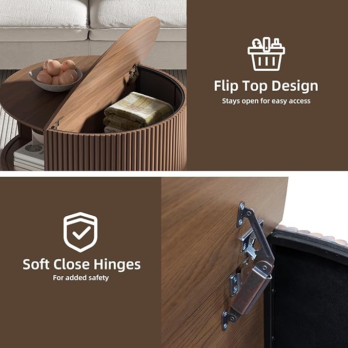 Round Coffee Table with Storage, Mid Century Modern Center Table with Sliding Cabinet Door, Fluted Dining Table for Living Room, Home Small Space, 31.5", Walnut