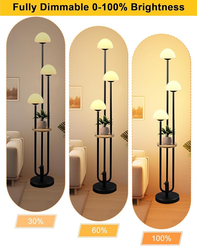 Lightdot Black Dimmable Floor Lamp with Table, Modern Floor Lamps for Living Room, 3000K Warm Lights Tall Standing Lamp with Mushroom Shades & Bulbs for Bedroom/Office