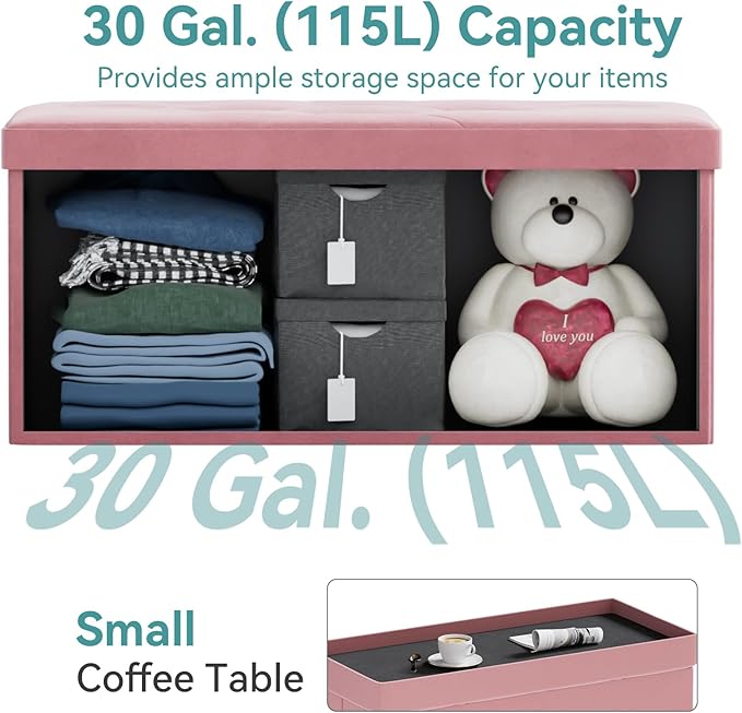 BRIAN & DANY Folding Storage Ottoman Bench, Ottoman with Storage, Foot Rest, Benches Seat for Bedroom, Living Room, Entryway, Long Shoes Bench, 15.7" x 31.5" x 15.7" Hot Pink