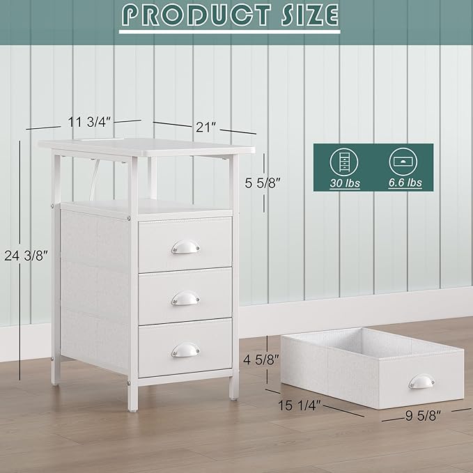 End Table with Charging Station, Side Tables Livingroom with USB Ports and Outlets,Narrow Nightstands Bedside Tables with 3 Drawers PU Finish for Small Space,Slim Sofa Table Bedroom,White