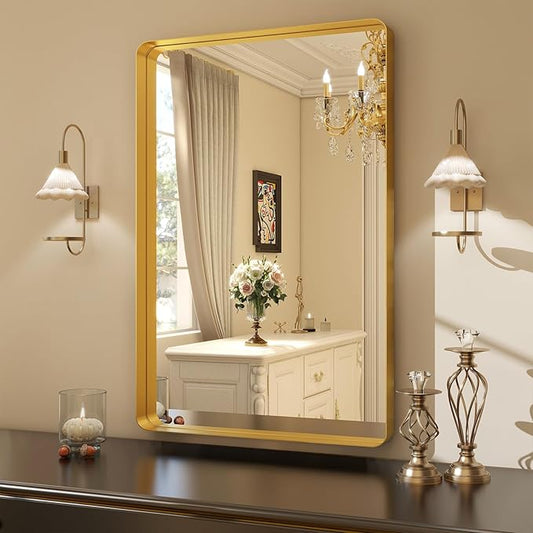 36 x 24 Inch Gold Bathroom Mirror for Wall,Aluminum Alloy Frame Rectangular Wall Mounted Mirror for Farmhouse Decor Horizontal or Vertical Ideal for Bedroom, Living Room
