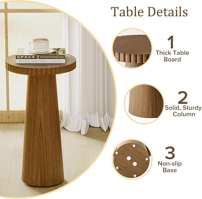 Small Side Table, Wood End Table with Fluted Pedestal Base, Round Drink Table for Small Spaces, Modern Accent Table for Living Room, Bedroom or Sofa Side(1, Walnut)