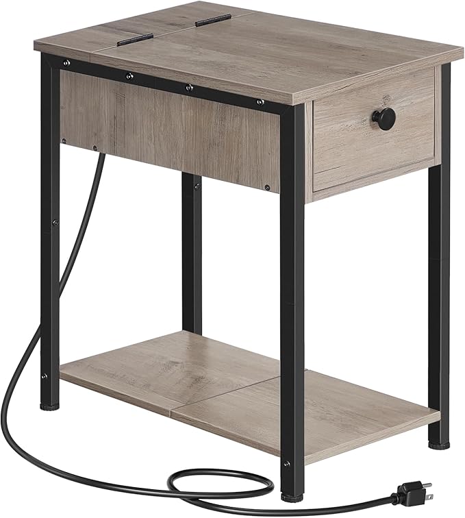 HOOBRO End Table with Charging Station, Narrow Side Table, Small Nightstand, Bedside Tables with Drawer and Storage Shelves, for Small Spaces, Living Room, Bedroom, Greige and Black BG041BZ01G1
