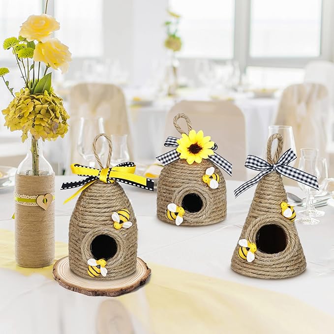 Rustic Bumble Bee Hive Decor - 3 Pack Natural Bee House, Spring/Summer Farmhouse Kitchen Table Tiered Tray Decor