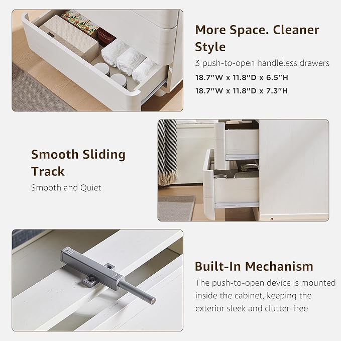 ACCOHOHO 22" Modern Nightstand Set of 2 with Charging Station, Push-to-Open 3 Drawers Bedside Table, Large End Table with Storage, Night Stand for Bedroom, Living Room, Curved Profile, Off White