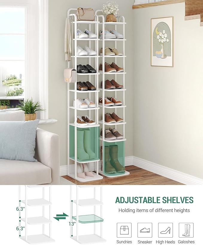 10 Tiers Vertical Shoe Rack, Narrow Shoe Tower, Tall Shoes Shelf with 2 Hooks, Adjustable Shelves, Corner Shoes Shelves for Small Spaces, Entryway, Living Room, White SR11213W