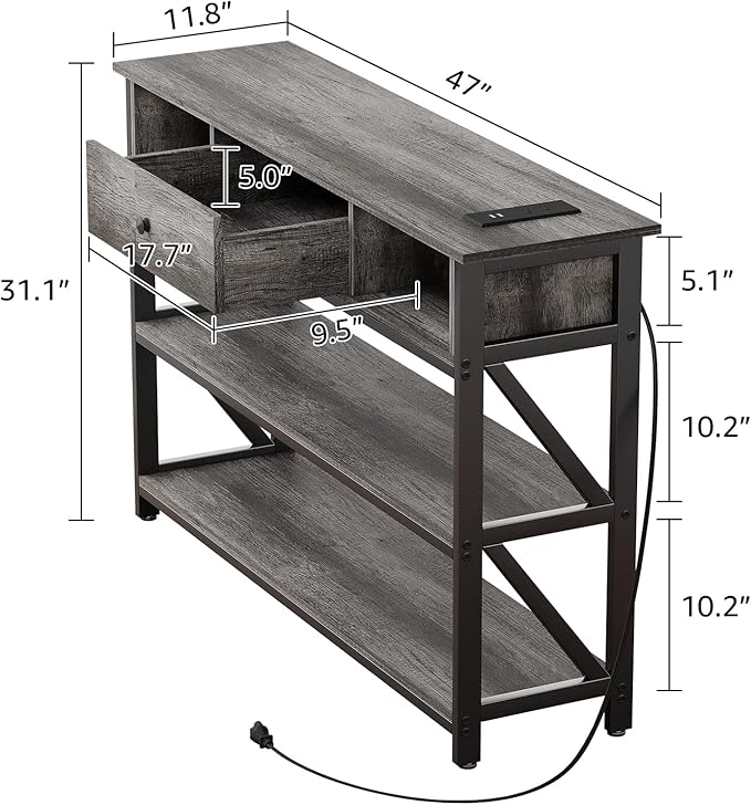 Mexin Console Table with Outlets and USB Ports, Entryway Table with Drawer Storage Shelves, Industrial Wood Hallway Sofa Table for Living Room, Couch, Foyer Table, 47 Inch Grey Oak