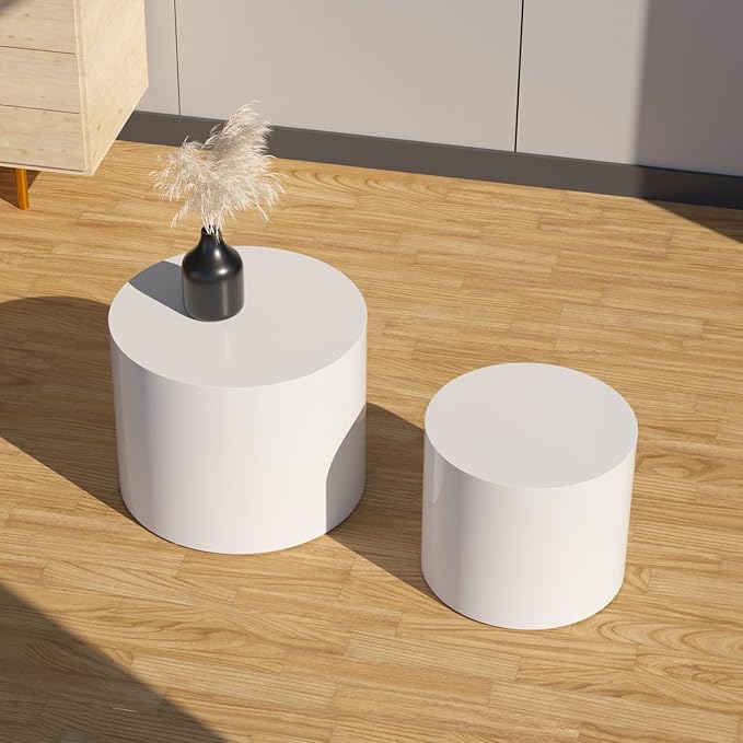 kevinplus Small White Coffee Table Nesting End Table Set of 2 for Living Room, Wood Side Table Round End Table for Bedroom Office, No Assembling (White - Round)
