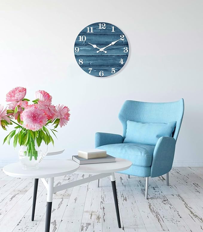 XFM Blue Wall Clock 16 Inch Silent Wood Wall Clocks Battery Operated Country Retro Farmhouse Wall Clock Decorative for Kitchen Living Room Bedroom