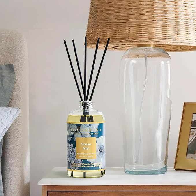 Cocorrína Reed Diffuser Refill Ocean Mist 17oz (500ml) with 8 Sticks - Premium Long-Lasting Scented Oil, Home Fragrance for Bedroom, Bathroom Home Decor