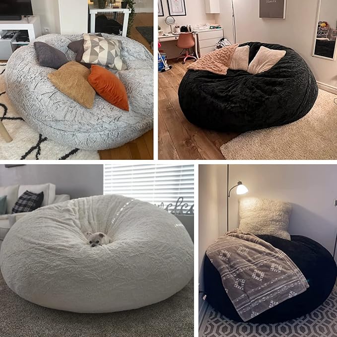 (No Filler Bean Bag Chair Cover Without Filler,Big Round Soft Fluffy PV Velvet Washable Bean Bag Lazy Sofa Bed Cover for Adults,Living Room Bedroom Furniture Outside,6ft Dark Grey