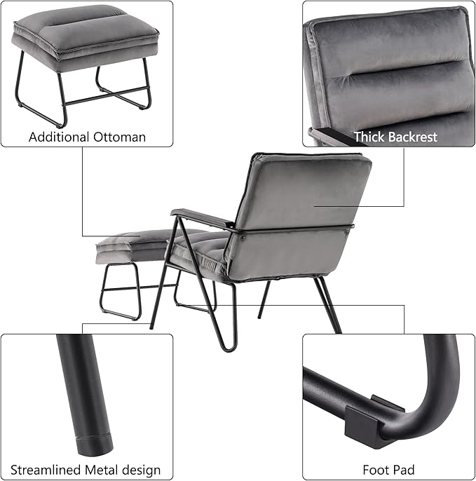 MCombo Modern Accent Chair, Velvet Club Chair, Upholstered Armchair for Small Space, Living Room & Office Reception, Fabric 4747 4750 (Chair with Ottoman, Dark Grey)