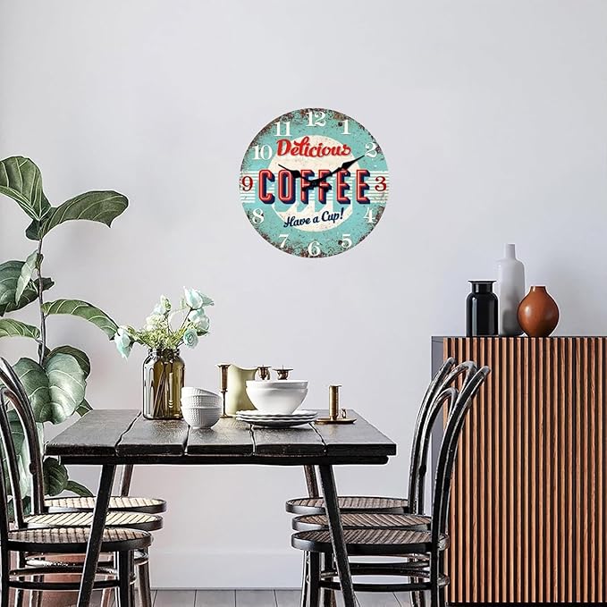 XFM Rustic Kitchen Wall Clock 10 Inch Blue Wooden Wall Clocks Silent Non-Ticking Battery Operated Retro Round Clocks for Cafes Bar Farmhouse Office