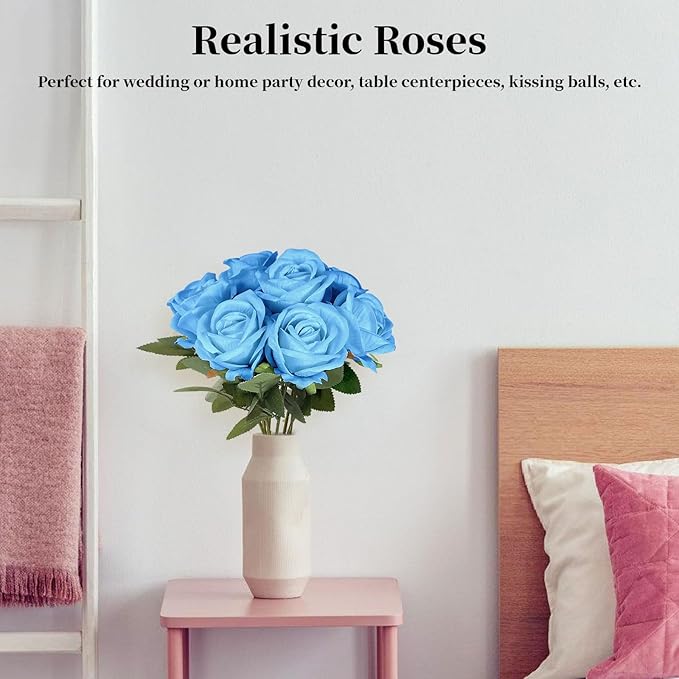 10 PCS Artificial Roses with Long Stems Silk Flowers Realistic Foam Flowers Fake Roses for Valentine's Day Home Wedding Decor(Light Blue)