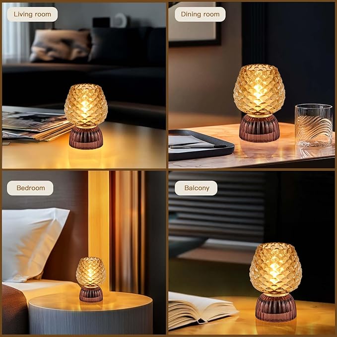 Battery Operated Lamp with Timer, Cute Small Cordless Glass Table Lamp for Home Decor, Kitchen, Bathroom, Birthday Gift for Women, Pinecone, Amber, 2 Pack