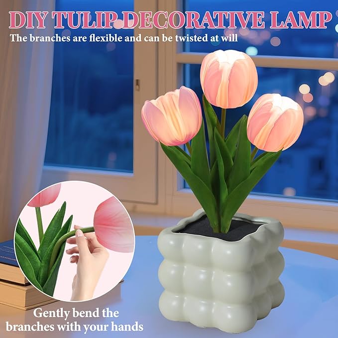 Flower Table Lamp, Tulip Desk LED Night Light for Home Living Room Decor, Artificial Flower with Vase Lamp, Table Centerpieces for Holiday Party Wedding Room Decoration (Pink Tulip - Button Battery)