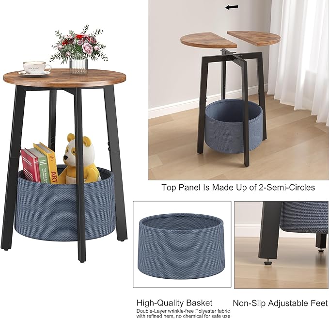 Small Round Side End Table Set of 2 with Cloth Storage Basket, Round Bedside Sofa Couch Coffee Tables for Small Places with Metal Frame, Modern Nighstands for Living Room Bedroom,Rustic Brown