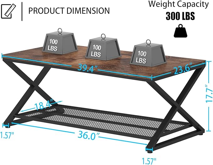 LVB Rustic Coffee Table, Industrial Metal Wood 2 Tier Cocktail Tea Table with Storage for Living Room, Farmhouse Wooden Rectangle Center Table with Mesh Shelf for Office Bedroom, 39 inch, Rustic Brown