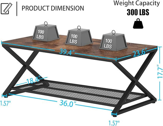 LVB Rustic Coffee Table, Industrial Metal Wood 2 Tier Cocktail Tea Table with Storage for Living Room, Farmhouse Wooden Rectangle Center Table with Mesh Shelf for Office Bedroom, 39 inch, Rustic Brown