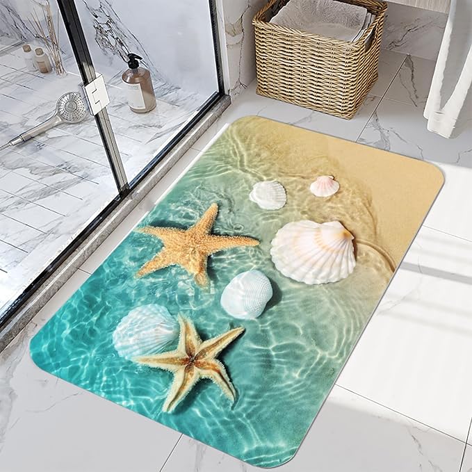 Bath Rugs Sponge Foam Absorbent Soft for Bathroom and Kitchen (21X35.5 inches), Flannel Mat Non Slip Bright 3D Print for Bedside and Living Room(Scallop Starfish)