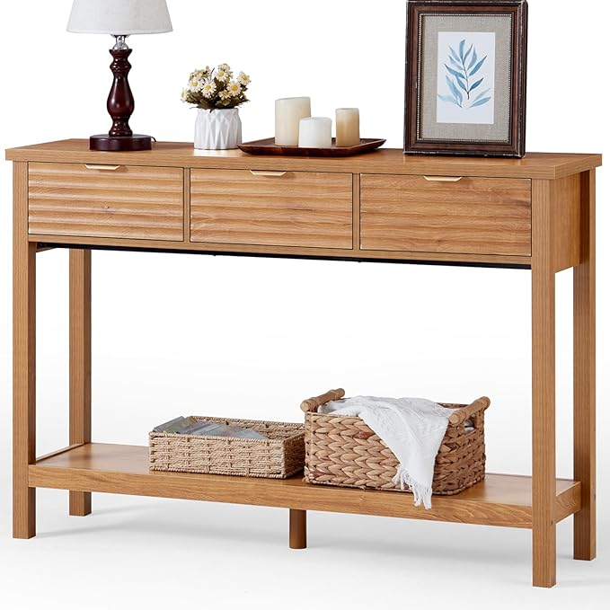 LEYAOYAO Fluted 47.2" Console Table with 3 Drawers, Modern Wood 2 Tier Entryway Table with Open Storage Shelf, Boho Sofa Entry Tables Behind Couch for Living Room, Hallway, Entrance Foyer, Tea Brown
