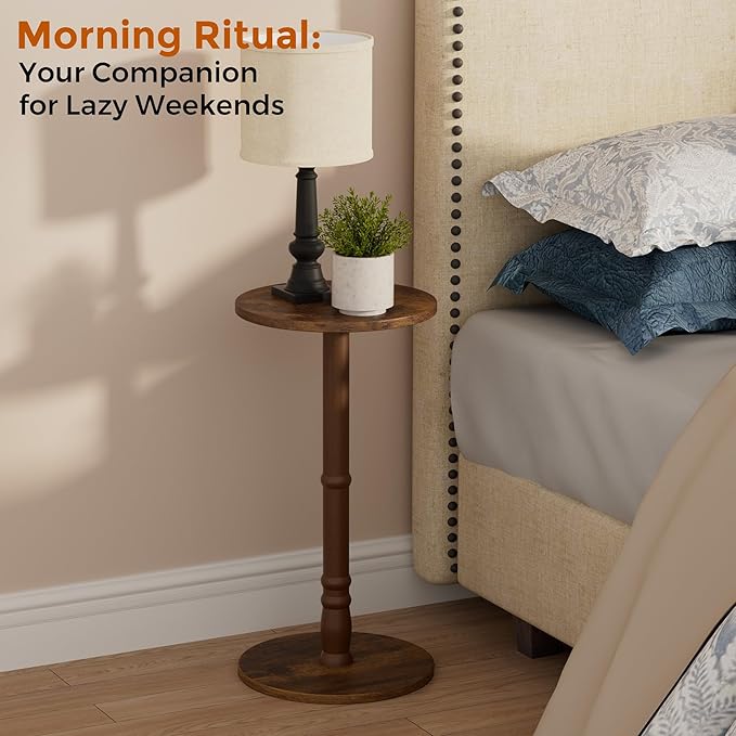 Round Side Tables Set of 2, Solid Wood Pillar with Wood Top & Base, Small Drink Accent Table for Living Room, Bedroom, Sofa & Office, Easy Assembly, Rustic Brown