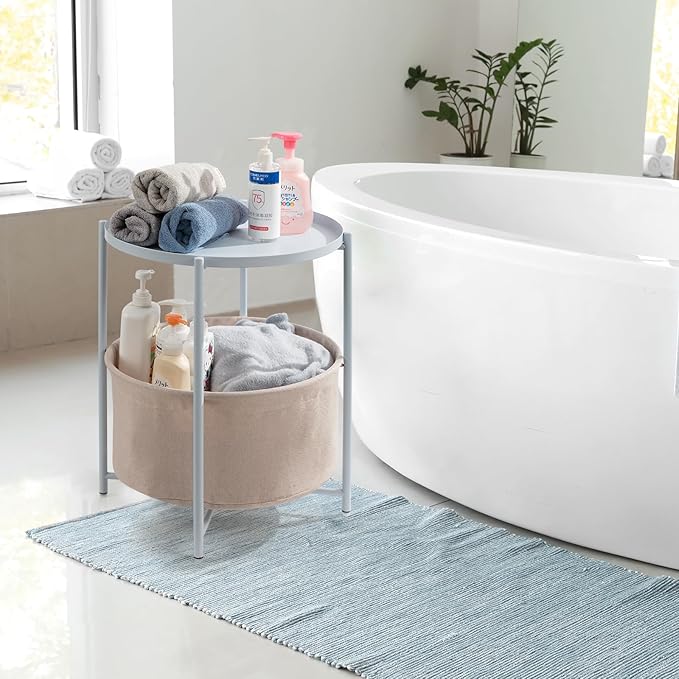 danpinera Round Side Table with Fabric Storage Basket, Metal Side Table Small Bedside Nightstand with Removable Tray Top for Living Room, Bedroom, Nursery, Laundry, Blue-Gray