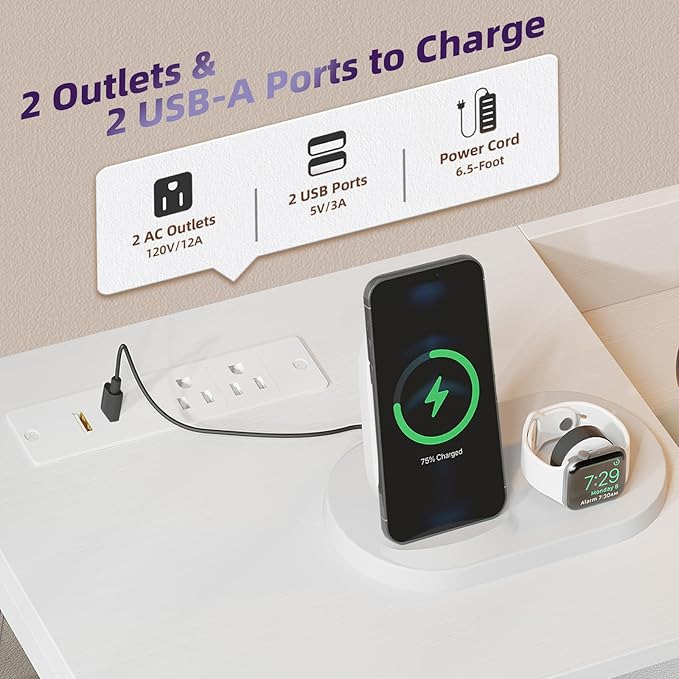 Somdot White Nightstand with Charging Station and LED Light, Wide 5 Drawers Dresser for Bedroom with Fabric Bins and Open Shelf for Bedroom Kids Closet Dorm Guest Room, White Leather