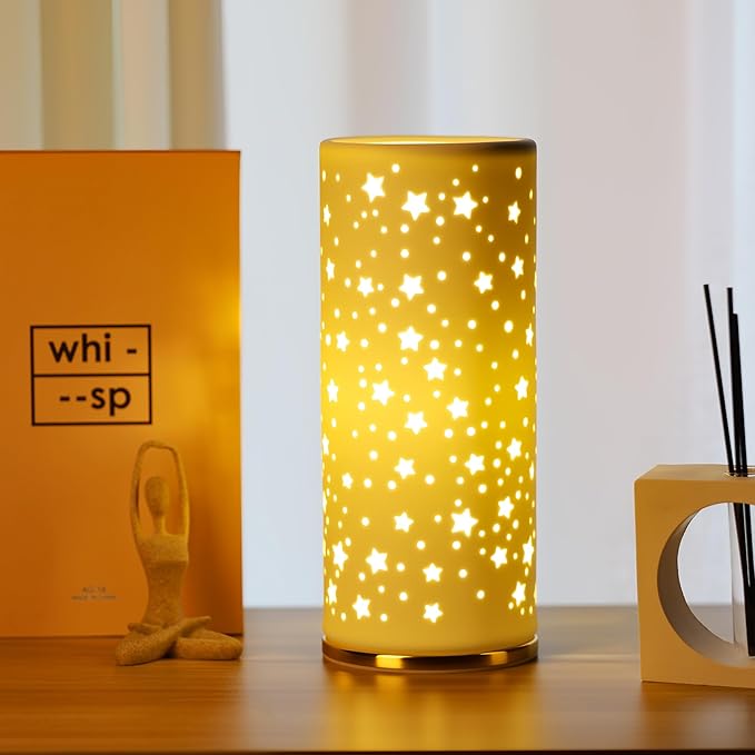 Small Modern Ceramics Bedside Table Lamp, 4.5 x 4.5 x 11 Inch White Starlight Style Nightstand Lamps, Side Table Lamps for Bedroom Living Room Entryway Table Light