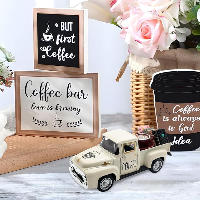 Coffee Decor for Coffee Bar Vintage Truck Decor with Books and Coffee Signs for Coffee Station Farmhouse Kitchen Decor Coffee Bar Accessories Tiered Tray Decor Coffee Table Centerpiece for Home, Cream