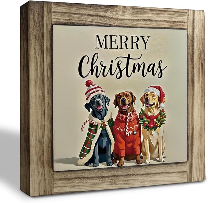 Funny Cute Christmas Decor, Wood Plaques Desk Decors, Decorative Table Sign, Farmhouse Christmas Decorations Indoor, Dog Pet Lover Home Decor for Xmas Holiday, Merry Xmas Gift
