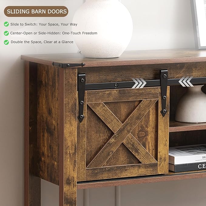 Entryway Table with Storage, Farmhouse Buffet Cabinet Coffee Bar Kitchen Island with Sliding Barn Doors & Shelves, Console Table for Kitchen, Dining Room, Living Room, Brown