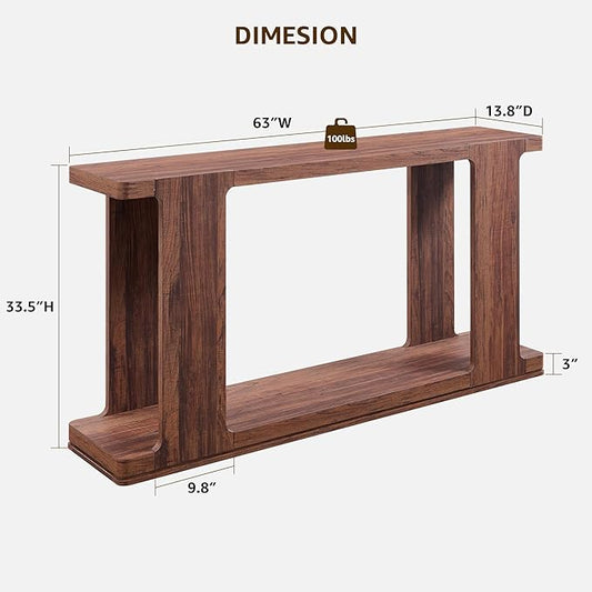 OKD 63 Inch Modern Entryway Console Table, 2-Tier Long Sofa Table Behind Couch with Curved Edge, Wood Farmhouse Narrow Entry Table for Hallway, Living Room, Foyer, Entrance, Rustic Walnut