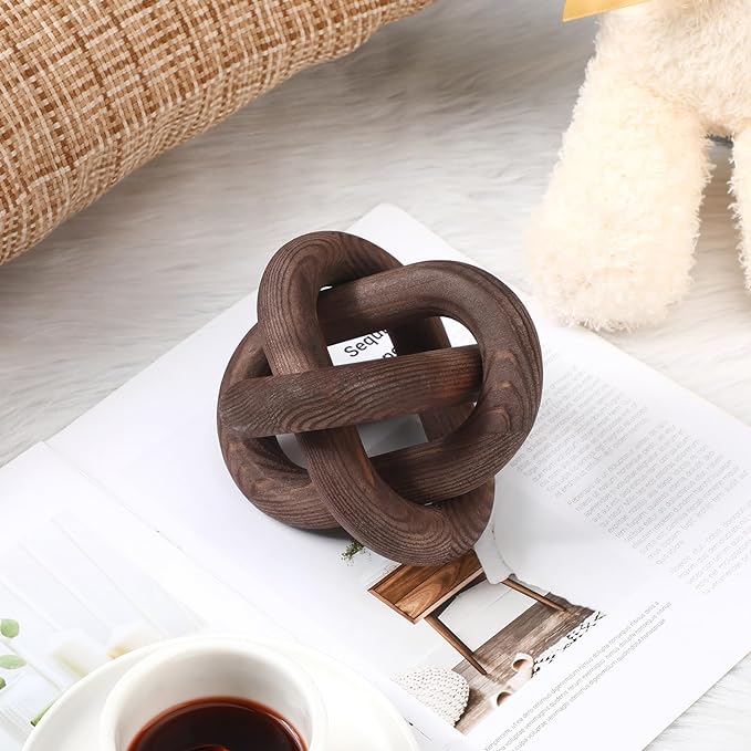 3 Link Wood Knot Decor - Hand Carved Coffee Table Decoration, Boho Chain Link Decor, Modern Shelf, Rustic Objects for Home Living Room Bedroom(Black Walnut)