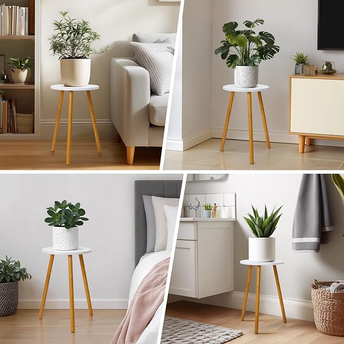 Tall Plant Stand Indoor, Mid Century Wood White Flower Stand for Corner, Metal Plant Holder, Modern Home Decor Small Round Side End Table (11.8"x20")