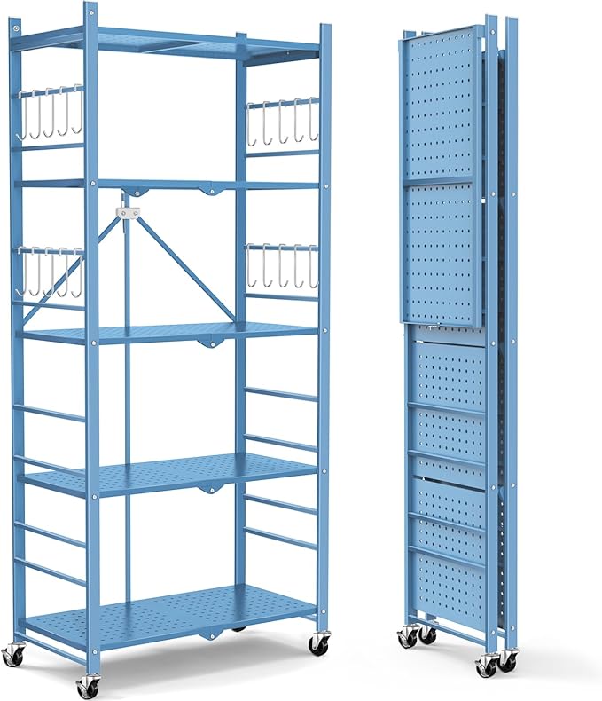 Storage Shelves with 20 Hooks, 5-Tier Foldable Shelf for Storage, Folding Shelf Unit Pantry Shelves with Wheels, Standing Shelving Unit for Kitchen Garage Home Office Room Greenhouse, Blue