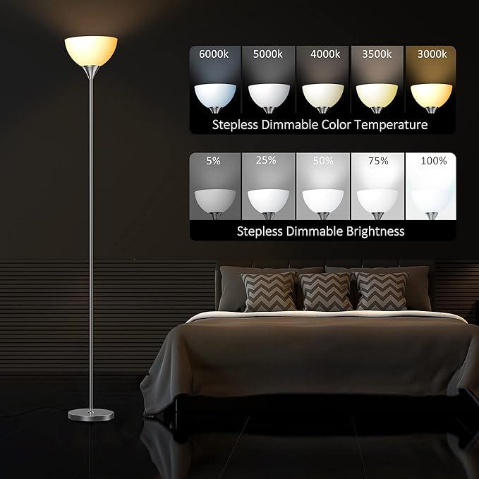 PESRAE Floor Lamp, Remote Control with 4 Color Temperatures, Torchiere Floor lamp for Bedroom, Standing Lamps for Living Room, Bulb Included (Brushed Nickel)