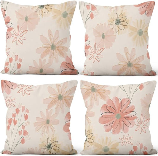 Wild Flower Throw Pillow Covers 16''x16'' Set of 4, Countryside Watercolor Floral Pillow Cases Spring Vintage Cushion Covers for Chair Sofa Bed Living Room Garden Car Indoor Outdoor