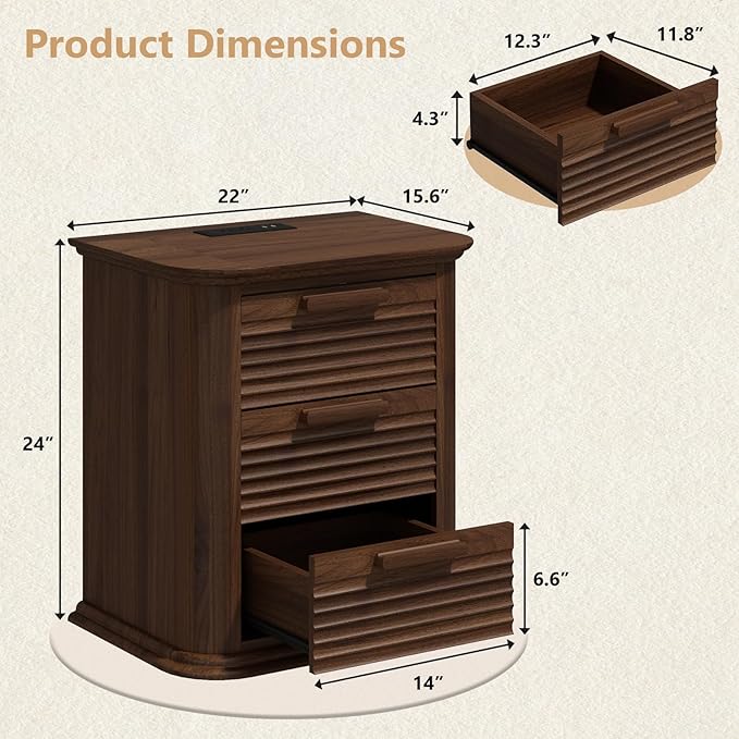22'' Fluted Nightstand with Charging Station, Modern End Table with 3 Drawers and Storage, Wood Night Stand with Round Corner, Side Table Dresser for Bedroom, Living Room, Curved Profile,Walnut