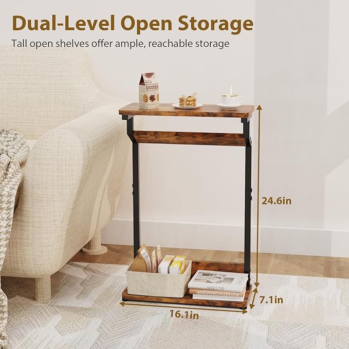 Narrow Side Table for Small Spaces, 2-Tier Farmhouse Small End Table, Slim TV Tray Couch Table Skinny Sofa Tray Tables Thin End Tables for Living Room Bedroom, Rustic Brown