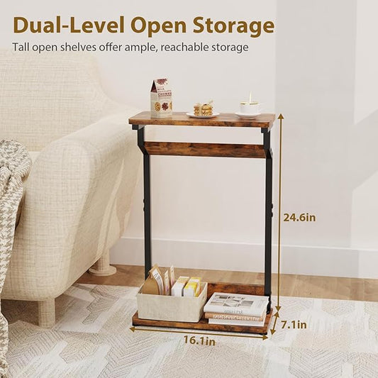 Narrow Side Table for Small Spaces, 2-Tier Farmhouse Small End Table, Slim TV Tray Couch Table Skinny Sofa Tray Tables Thin End Tables for Living Room Bedroom, Rustic Brown