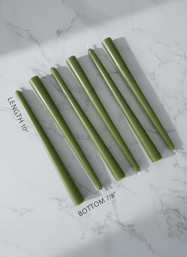 12pk 10" Classic Taper Candles, Moss Green, 7-8 Hours Long Burning, Unscented Tall Candlesticks