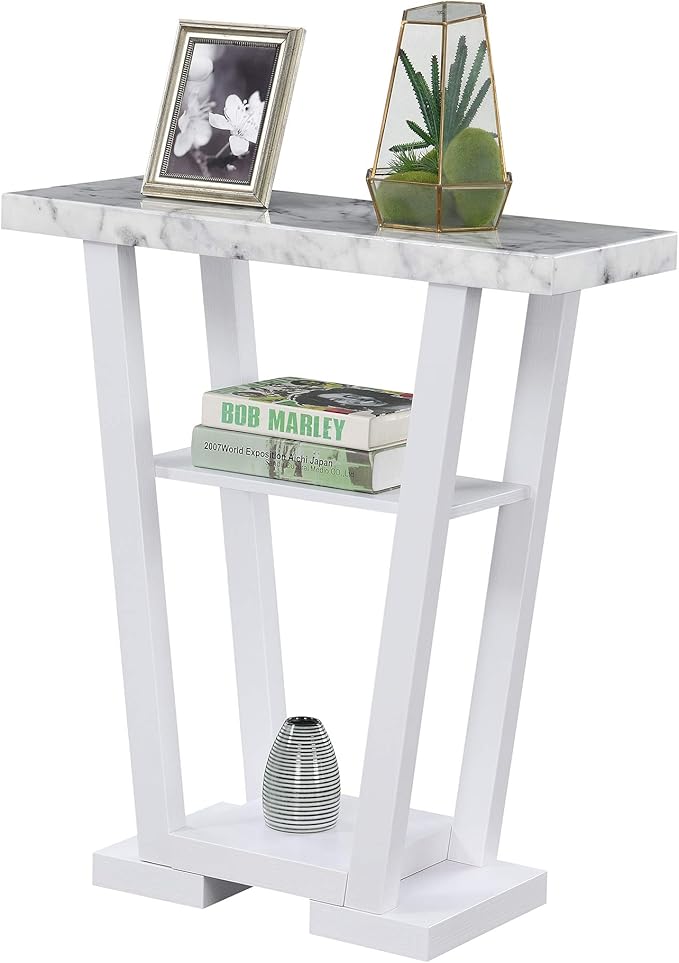 Convenience Concepts Newport V Console Table 31.5" - Modern Sofa Table with Storage Shelves, Narrow Entryway Hall Table for Living Room, Display Accent Table, White Faux Marble/White