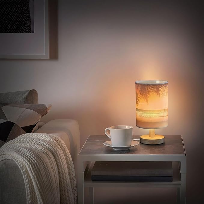 Table Lamp Pretty Sunset Ocean Beach with Palm Tree Caribbean Sea Nightstand Lamp with Wood Base Fabric Lamp Shade Bedside Desk Lamp for Living Room Bedroom Kids Room Office