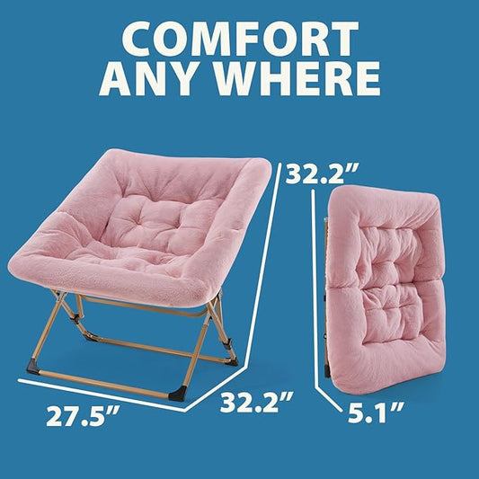 OAKHAM Comfy Chair for Adults, Soft Faux Fur Folding Lounge for Bedroom Living Room Dorm Rooms Flexible Reading Chair for Teens Kids, X-Large Foldable (Faux Fur-Pink)