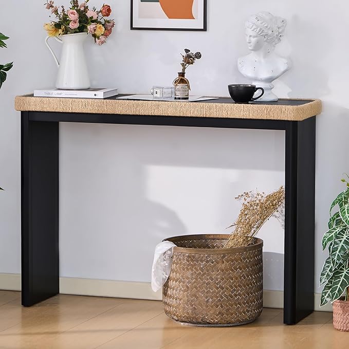 43" Wood Console Table for Entryway, Farmhouse Narrow Entry Tables with Rattan Decor, Boho Skinny Couch Table Behind Sofa for Living Room, Hallway, Foyer, Black